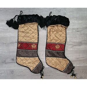 (2) Villa Bacci 25"Luxury Christmas Stocking Animal Print Tapestry Studs Tassels